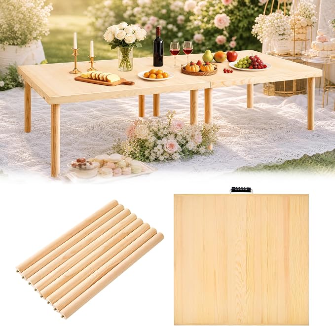 60"x30" Boho Wooden Picnic Table, Portable Wood Picnic Desk,Solid Wood Picnic Table, Boho Low Picnic Floor Desk for Beach, Camping, Backyard, Floor Seating