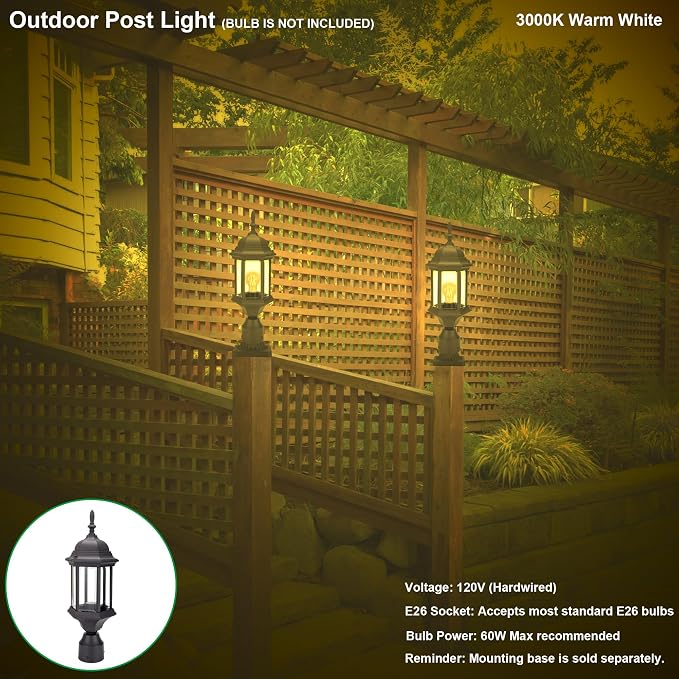 Outdoor Post Light, Rustproof Aluminum Pole Lamp, Black | Exterior Lamp Post Light Fixture for Garden, Yard, Pathway, Waterproof, Glass, E26 Base, Max 60W, 1 Pack