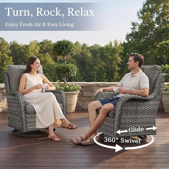 7 Piece Patio Furniture Set with 41" Fire Pit Table - High Back Swivel Glider Patio Chairs Set of 6, All Weather Deep Seating Outdoor Conversation Set for Porch Deck Yard Pool Brown