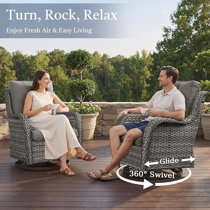 Outdoor Swivel Chairs-Patio Swivel Glider Chairs with Ottomans Outdoor Conversation Set for Deck Balcony Poolside Backyard-Grey/Grey