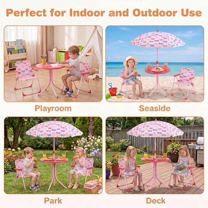 KOTEK Kids Picnic Table with Umbrella, Outdoor Table & 2 Folding Chairs, Cute Pattern Children’s Patio Furniture, Portable Kids Table and Chair Set for Backyard, Garden, Beach (Pink Butterfly)