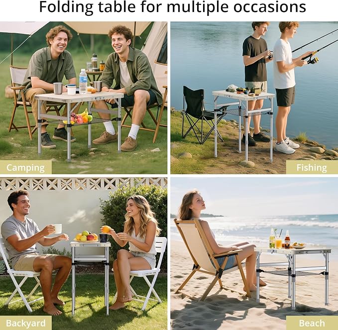 Anbte 2ft Small Plastic Folding Table, Waterproof 3 Adjustable Height Portable Camping Table with Storage Net, Flat Tabletop, for Picnic Indoor Outdoor Travel Beach Patio, 22.8" X 15.7", White