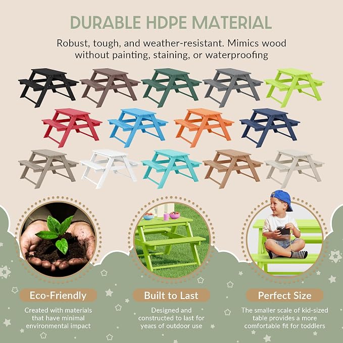 WestinTrends Malibu Outdoor Patio and Indoor Kids HDPE Plastic Picnic Bench Table, Lime