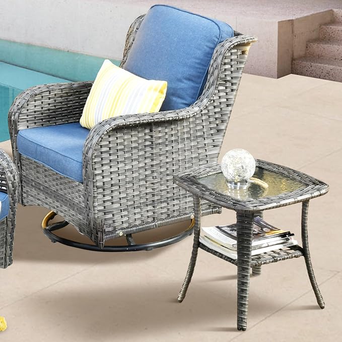 ovios Outdoor Side Table with Tempered Glass Top, Patio Wicker Rattan 2-Tier Storage Coffee End Tables for Porch Deck Balcony Garden Poolside (Grey-Small Size)