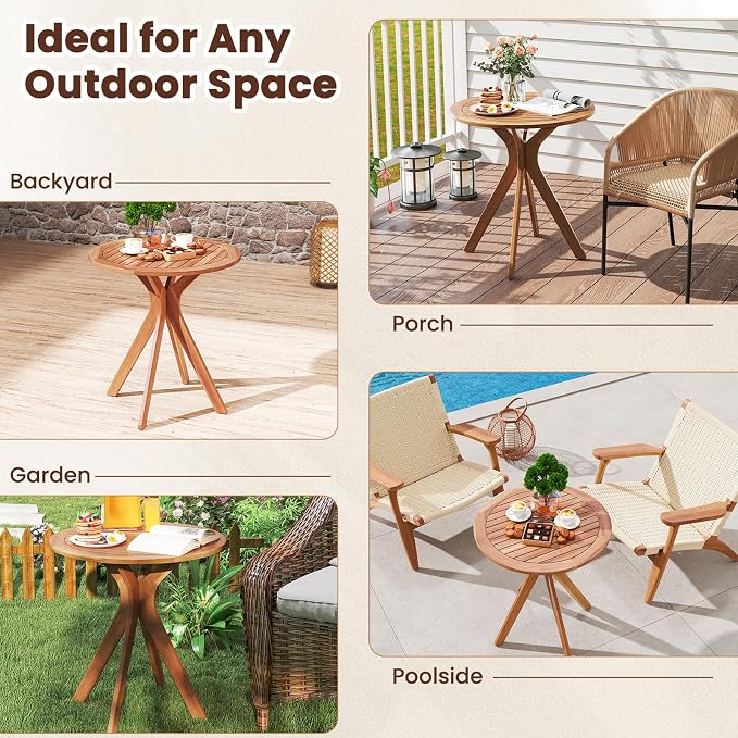 Tangkula 27.5 Inch Acacia Wood Outdoor Patio Bistro Table, Round Wooden Table w/X Base, Coffee Side Bistro Table for Garden, Backyard, Patio, Living Room (Teak)