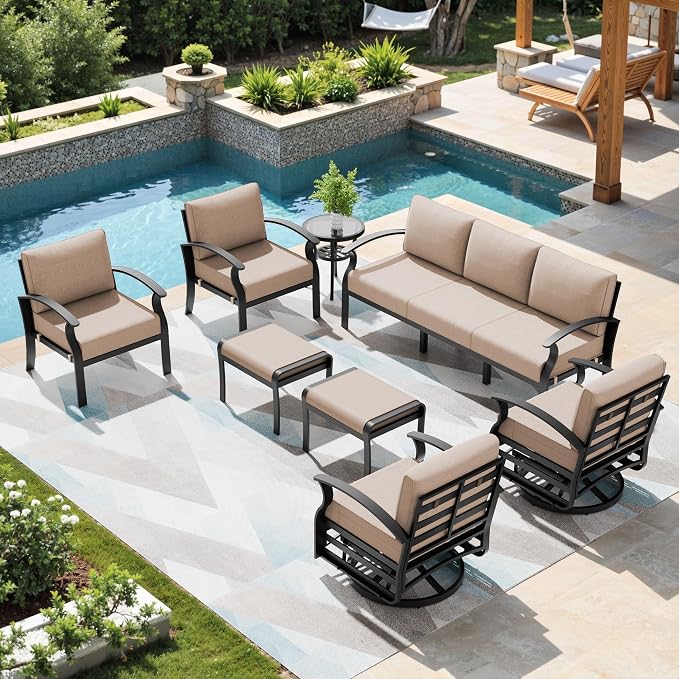 Patio Furniture Set 9-Seat Aluminum Armrest Sofa, Modern Outdoor Living Room Set with 2 Swivel Chairs, 5.1" Cushions, High Backrest & 2 Footstools, Backyard, Poolside - Sand