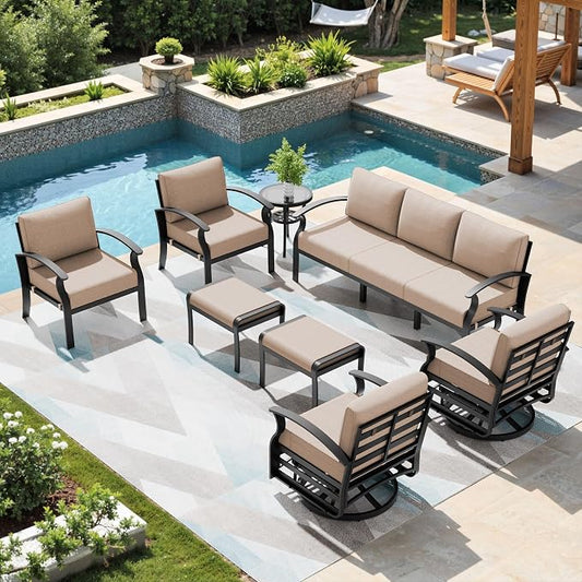 Patio Furniture Set 9-Seat Aluminum Armrest Sofa, Modern Outdoor Living Room Set with 2 Swivel Chairs, 5.1" Cushions, High Backrest & 2 Footstools, Backyard, Poolside - Sand