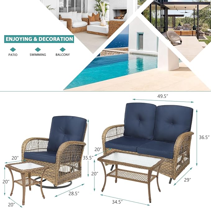 MEETWARM 5 Pieces Outdoor Patio Rattan Furniture Sets, All Weather Patio Wicker Conversation Set - 2 Rocking Swivel Chairs 1 Rattan Loveseat Glider w/Cushions, 2 Glass-Top Coffee Table, Navy Blue