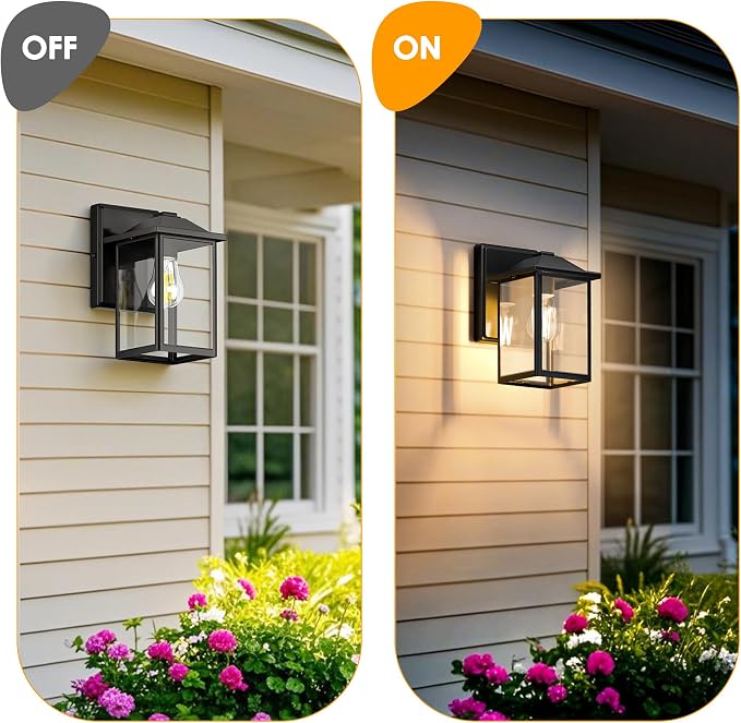MATAMEYE Outdoor Wall Light Fixture, Exterior Waterproof Porch Lighting | Large Black Patio Wall Lantern, Anti-Rust, Clear Glass, E26 Socket, Wall Mount Sconce Lighting, Outside Front Door Light