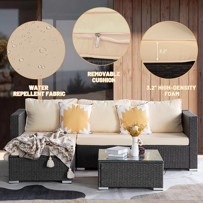 5 Piece Rattan Patio Furniture Set, Outdoor Patio Conversation Set | Soft Removable Cushion and Backrest, Tempered Coffee Table, Modern Chairs and Table Sets for Porch, Garden, Lawn, Grey/Beige