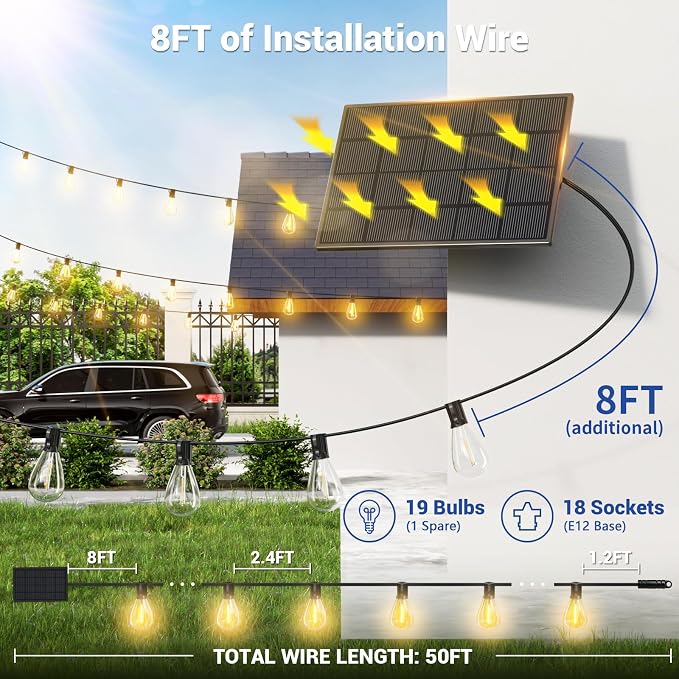 50FT Solar String Lights Outdoor Waterproof, 18+1 LED Solar Powered Lights with Remote Control, 3 Light Modes & Dimmable, USB-C Charging for Patio, Backyard, Garden, Camping
