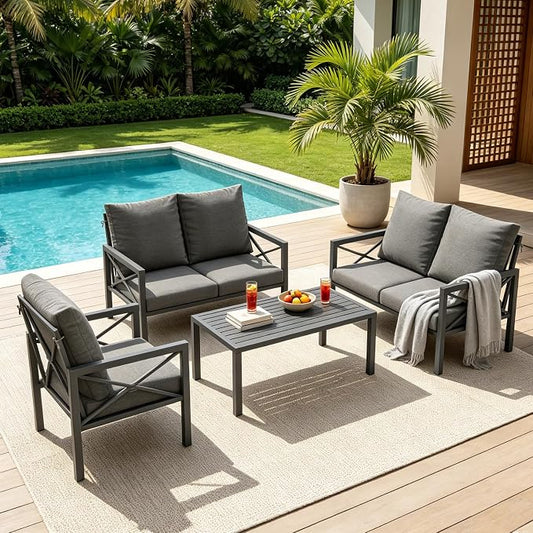 4-Piece Patio Furniture Set – All-Metal Outdoor Sectional Couch with X-Shaped Armrests, 4" Cushions & Coffee Table, Modern Patio Conversation Set for Porch, Balcony, or Deck (Grey)
