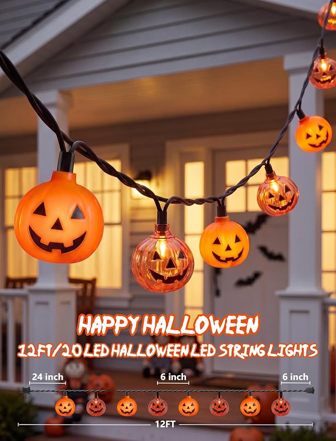 Halloween Decorations Pumpkin String Lights - 20 LED 12 FT 3D Cute Waterproof Light up Orange Jack-O-Lantern Plug-in Lights, Waterproof for Home Yard Party Indoor Outdoor Decor, Connectable