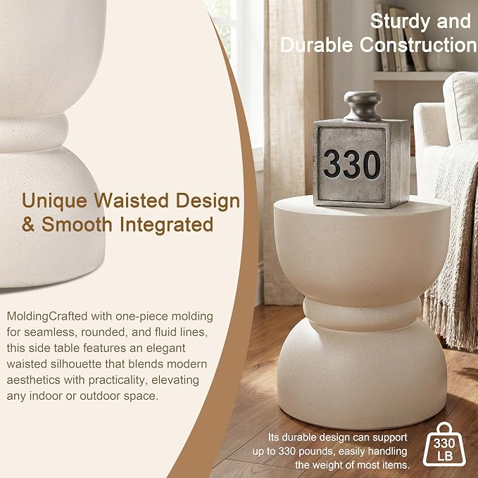 Outdoor Concrete Rounded Waist Outdoor Side End Tables, Decorative Garden Stools for Indoor Imitation Natural Stone Texture Patio Accent Side Table