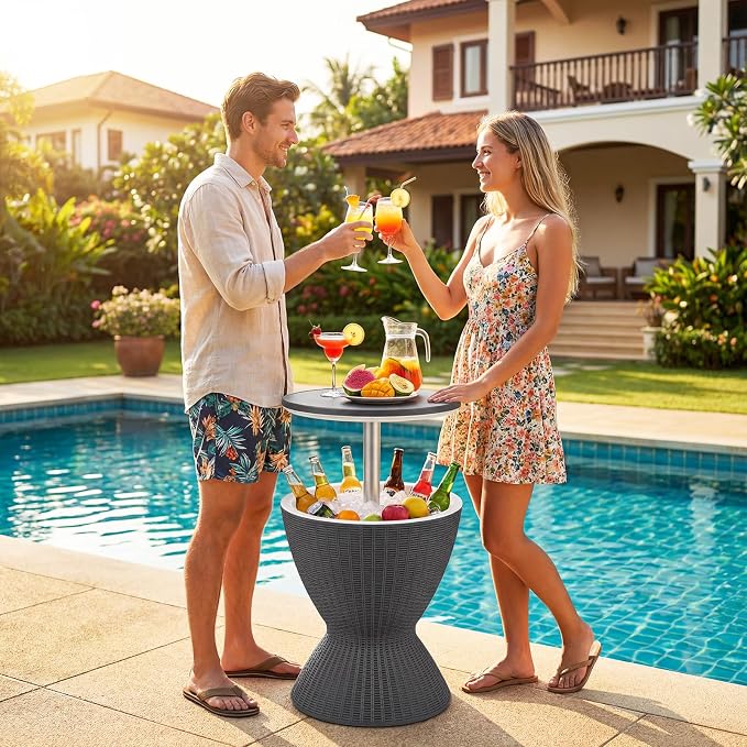 LDAILY Outdoor Cooler Bar Table, 8 Gallon Outdoor Patio Cooler Table with Rattan Style Patio, Drain Plug, Adjustable Height, All-Weather Ice Bucket for Poolside, Beer and Wine Cooler(Grey)