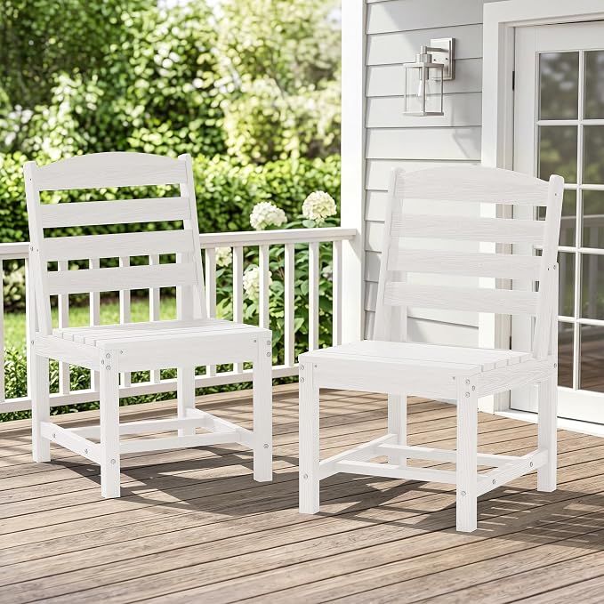 KINGYES Patio Armless Dinning Chairs Set of 2, HDPE All-Weather Outdoor Patio Chairs for Garden Backyard, White