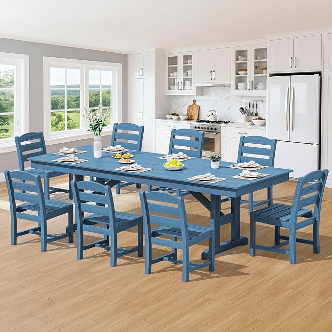 SERWALL Outdoor Armless Dining Chairs Set of 4, All-Weather HDPE Patio Dining Chairs with 19.7" Widened Seat and Curved Backrest for Backyard, Garden, Blue