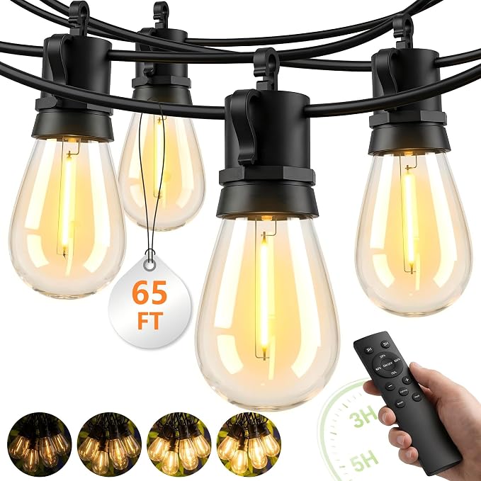 Outdoor String Lights Patio Light - 65Ft Outside Waterproof Dimmable Bulbs | S14 LED Remote Porch Light, Shatterproof Edison Bulbs Hanging Connectable Lighting for Gazebo Backyard Bistro Pergola, Timer