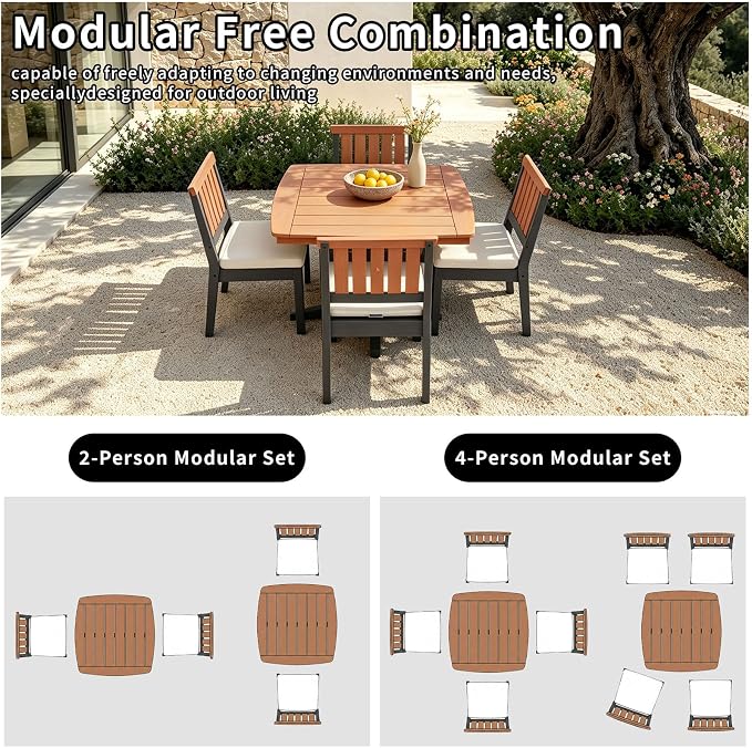Patio Dining Set for 4, 5-Piece Square Outdoor Dining Set with 4 HDPE Patio Armless Chairs with Cushion and a 42“ Square Outdoor Dining Table, Luxurious Two-Tone Finish for Poolside or Backyard Use