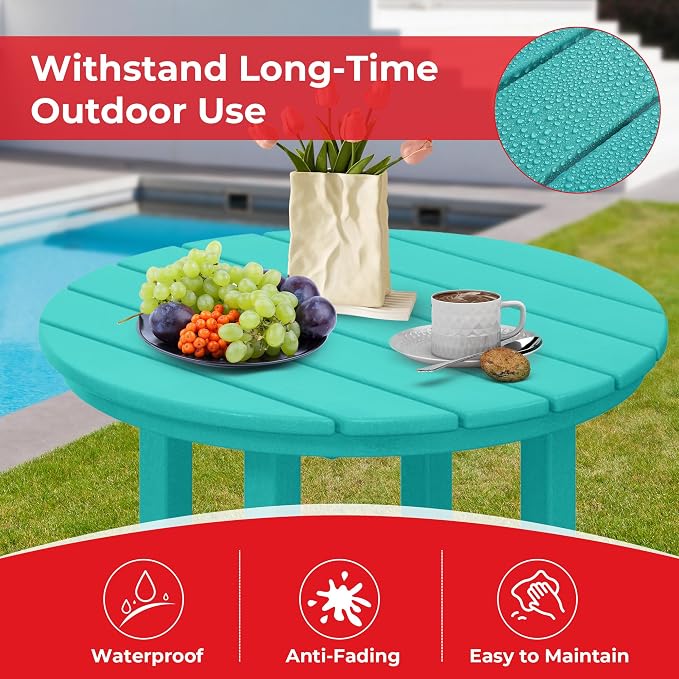 Costaelm Outdoor Bar Table, 37" Counter Height Round Patio Cocktail Bar Table, Patio Bar Table 3-Pieces Set Bistro Dining Table Pub Table for Deck, Backyard, Garden, Turquoise