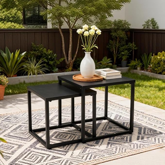 Meluvici Patio Outdoor Coffee Table Set of 2, Weather Resistant Steel Square End Tables, Outdoor Nesting Tables for Patio, Balcony, Bistro and Indoor, Black (Black)