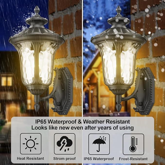 Outdoor Light Fixtures Wall Mount, Waterproof Exterior Wall Lanterns with Waer Ripple Glass, Outside Sconces, Front Porch Lights for House Garage Doorway Patio