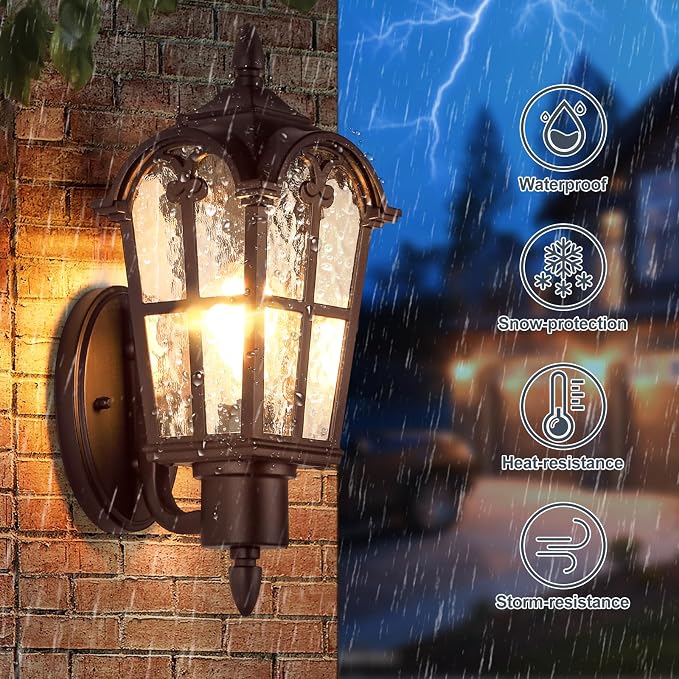 16’’ Large Outdoor Wall Light Fixture, Exterior Wall Lantern Sconce | Waterproof, Rust-resistant, Matte Brown, Water Ripple Glass, Quick & Easy Installation, Retro & Traditional