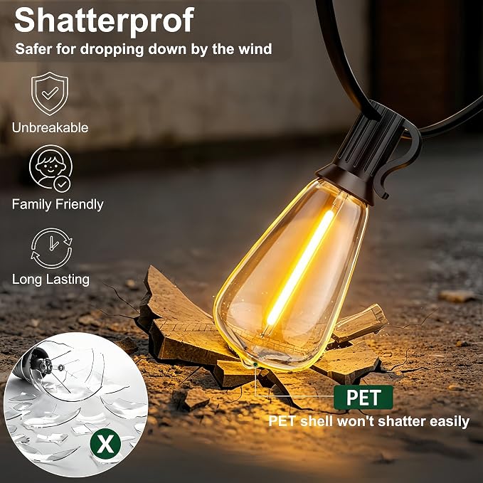 Outdoor String Lights 150FT 75+3 LED, Waterproof Dimmable Patio Lights | Remote Control, Shatterproof Edison ST38 Bulbs, Timer, Plug-In, Warm White Hanging Light for Garden Yard Porch Deck Decor