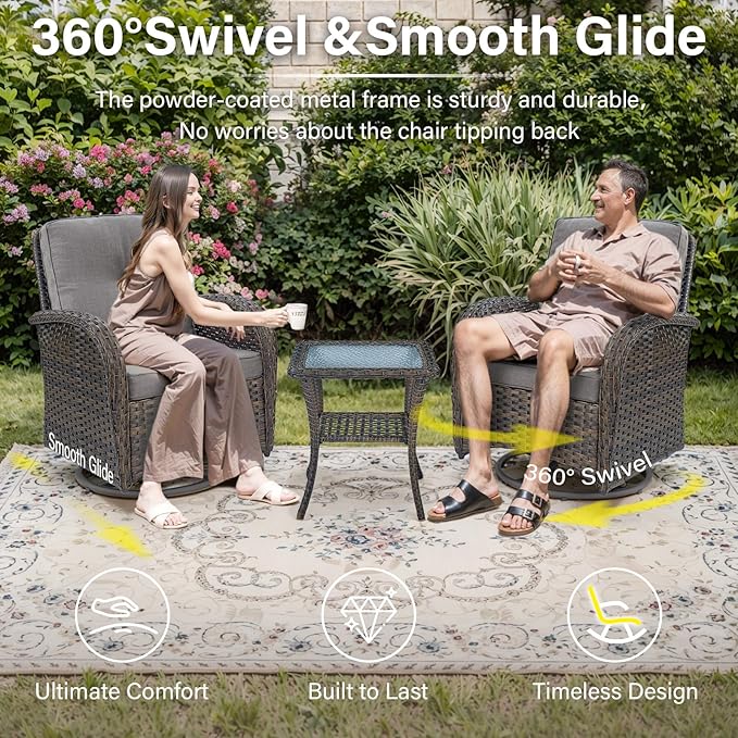 Belord 7 Piece Wicker Patio Furniture Set with 30" Fire Pit Table - Outdoor Swivel Rocker Chairs Set of 4 with Glass Side Tables Set of 2, Patio Conversation Set for Casual Gathering Brown/Grey