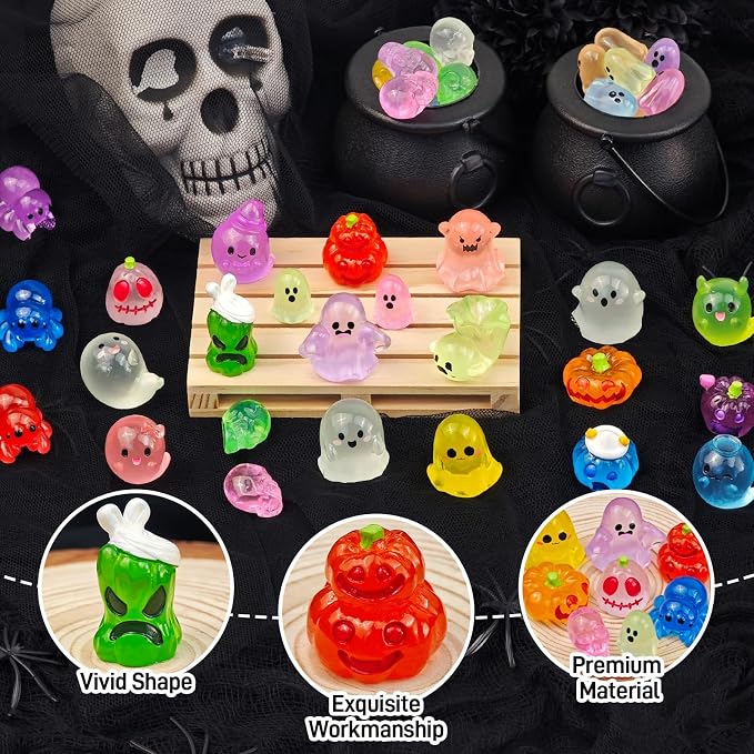 60 Pcs Halloween Luminous Mini Resin Figures Ghost Miniature Figurines | Glow in the Dark, Tiny Little Plastic Pumpkin Spider Skull Figures for Crafts Micro Landscape Fairy Garden Party Decor
