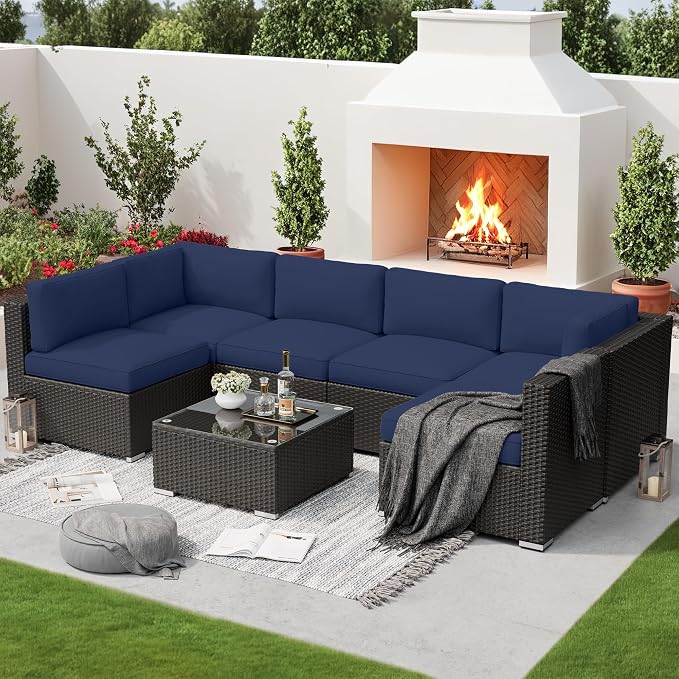 SOLAURA 7 Pieces Outdoor Patio Furniture Set, Black Brown Rattan Outdoor Patio Sectional Conversation Set, Modular Sofa Set with Coffee Table, Navy Blue (Include Sofa Cover)