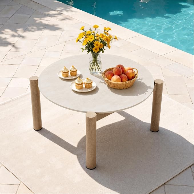 Patio Coffee Table, Aluminum Outdoor Round Table Weather Resistant, Patio Furniture Table for Garden, Balcony, Poolside, Beige