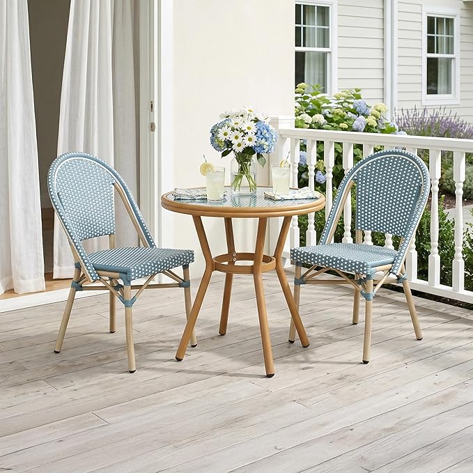 PURPLE LEAF 3-Piece French Bistro Dining Set Round Outdoor Patio Table and 2 Armless Chairs Tempered Glass Top PE Rattan Champagne Print Finish Aluminum Frame Light Blue