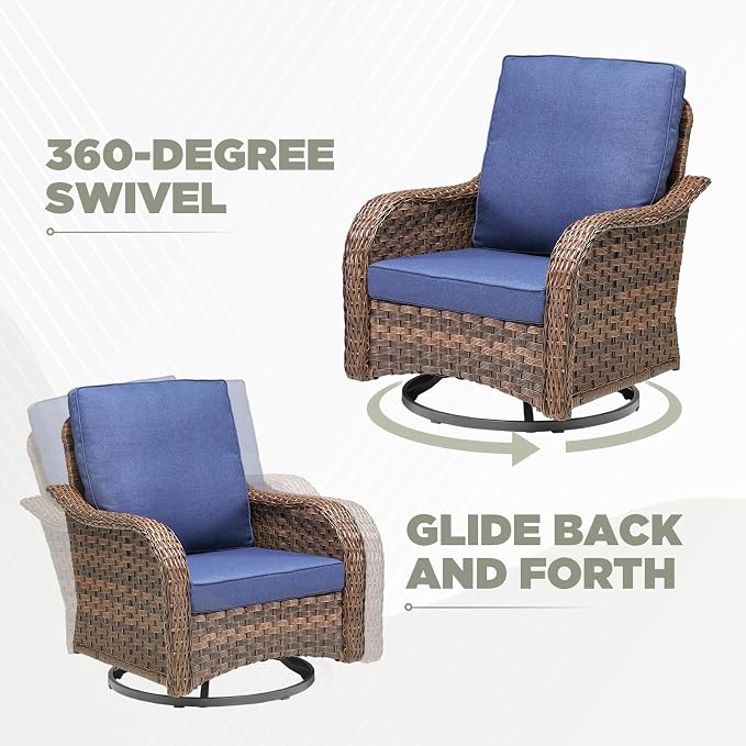6 PCS Patio Furniture Set, 2 Outdoor Wicker Loveseat Sofas & 2 Swivel Rocking Chairs with 2 Ottomans, 4-Inch Thick Olefin Cushions, 300 lbs Capacity Rattan Conversation Set for Porch, Blue