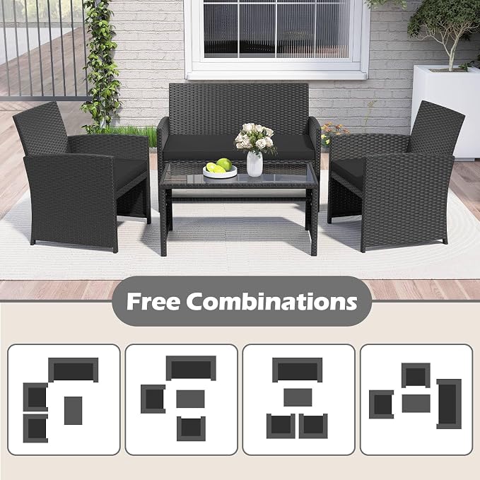 RELAX4LIFE 4-Piece Patio Furniture Set - Wicker Rattan Outdoor Sectional Sofa Set w/Glass Coffee Table, Loveseat, 2 Chairs & Soft Cushions, Bistro Conversation for Garden Porch (1, Black-Black)