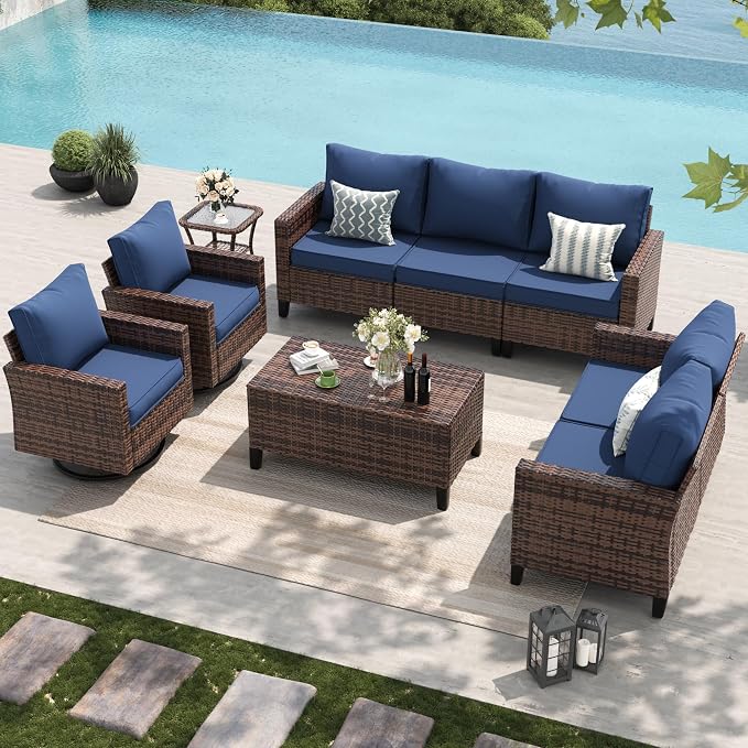 Amopatio Patio Furniture Set, Wicker Outdoor Sectional Sofa with Swivel Rocker Chairs, All-Weather Rattan Conversation Set, Storage Coffee Table, Waterproof Cover for Backyard, Deck Brown/Navy 6 PCS