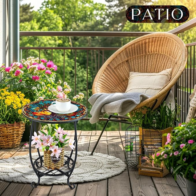 Cinnvoice Outdoor Side Table Round Small Mosaic Patio Accent Indoor End Plant Coffee Tea Table for Yard Patio Porch Garden Living Room, Bedroom(Tree of Life Style,18 Inch)