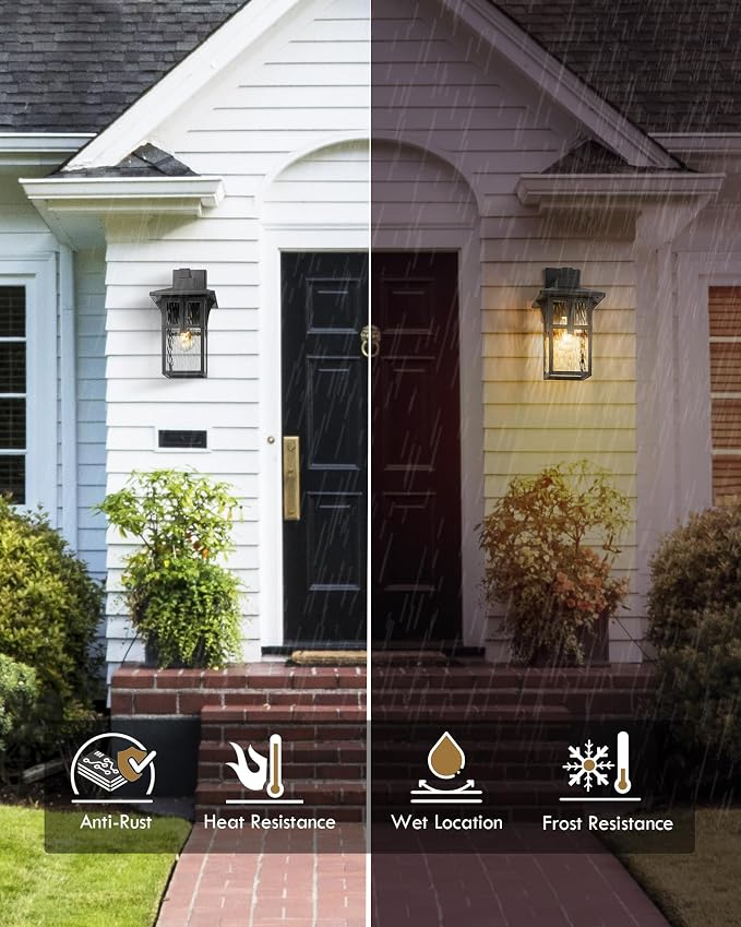 Outdoor Wall Light 2 Pack, HWH Exterior Wall Sconce Light Fixtures with Water Ripple Glass, Outside Lights for Porch, Patio, Balcony, Matte Black Finish, 5HX62B-2PK-SW BK