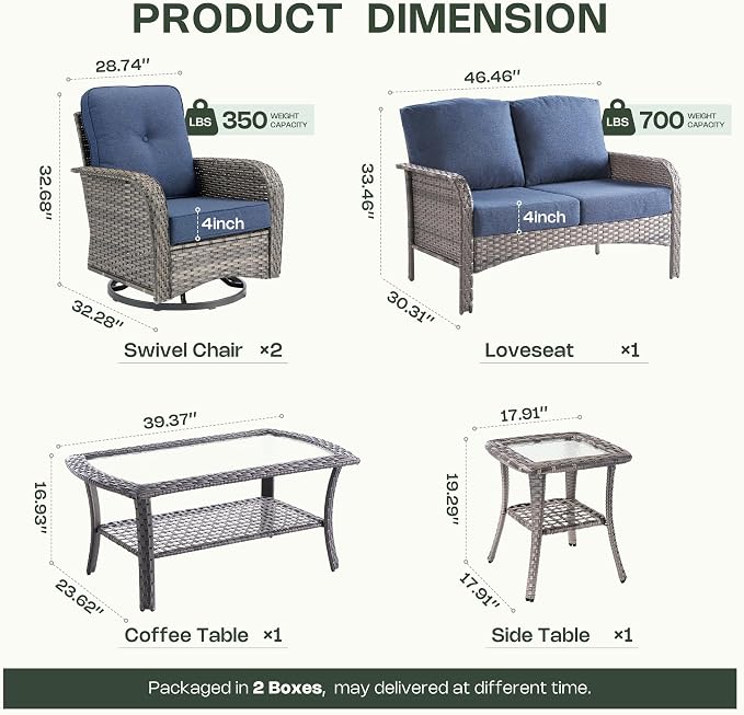 5-Piece Patio Furniture Set, Outdoor Wicker Furniture with Coffee Table, High Back Swivel Rocker Patio Chairs, Modern Rattan Outdoor Chairs Conversation Set for Porch, Balcony, Garden, Denim Blue