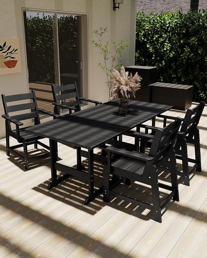 GREENVINES 5-Piece-Outdoor-Table-and-Chairs | HDPE | Patio Furniture | Slatted Dining Sets for 4 | Removable Armrests | Connectable Tables | All Weather | for Backyard Poolside Garden | Black