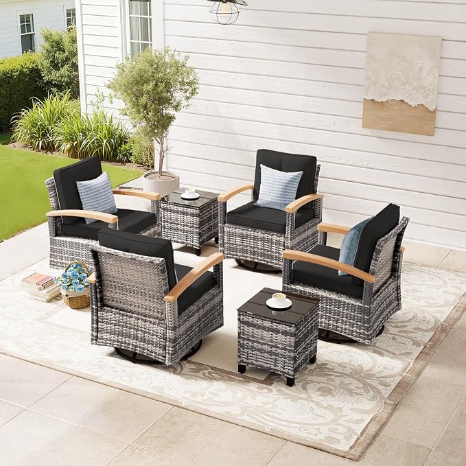 MEISSALIVVE 6 Pieces Patio Furniture Sets, Wicker Patio Conversation Sets with 4 Wood Armrests Swivel Glide Chairs，Outdoor Conversation Set for Deck Yard and Poolside (Black)
