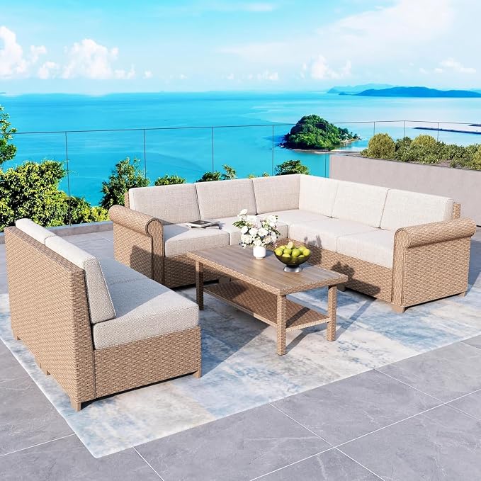 Patio Furniture Set 8 Piece, Wicker Rattan Sectional Sofa Couch with 5.5" Thick Waterproof Cushion and Coffee Table, L Shaped All weather Outdoor Conversation Set for Lawn Backyard Deck, Beige