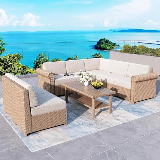 Patio Furniture Set 8 Piece, Wicker Rattan Sectional Sofa Couch with 5.5" Thick Waterproof Cushion and Coffee Table, L Shaped All weather Outdoor Conversation Set for Lawn Backyard Deck, Beige