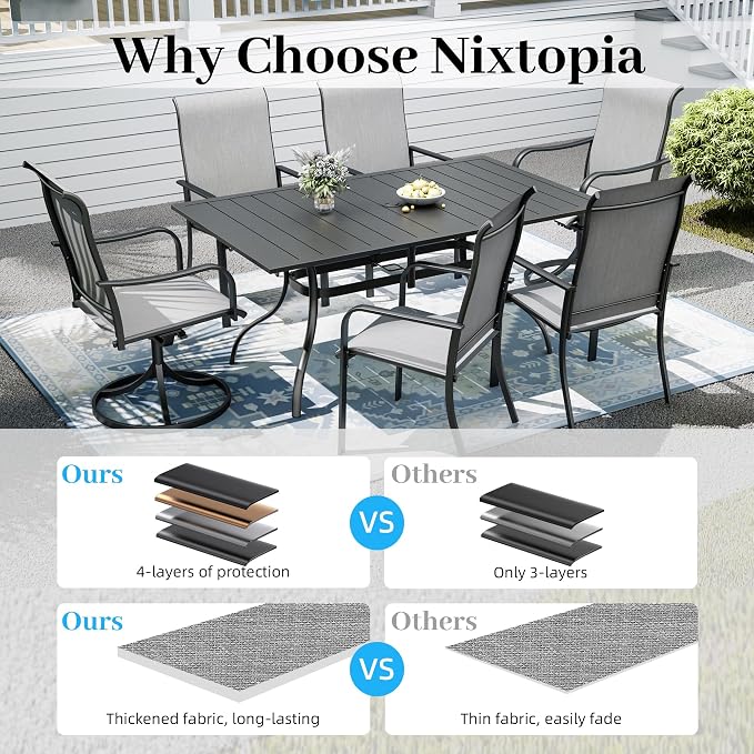 7pcs Patio Furniture Set, Outdoor Dining Table and Chairs Set | 63" Rectangle Metal Patio Table, 4pcs Textilene Dining Chairs, 2pcs Swivel Textilene Chairs, Double-sized Umbrella Hole