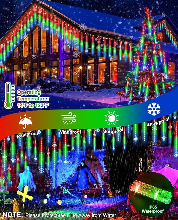 Meteor Shower Lights UL Certified 1080 LEDs 20 Tubes Falling Rain Drop Ramadan Lights Cascading Lights for Xmas Tree Halloween Decorations Wedding Party Holiday Garden Decor, Multicolor