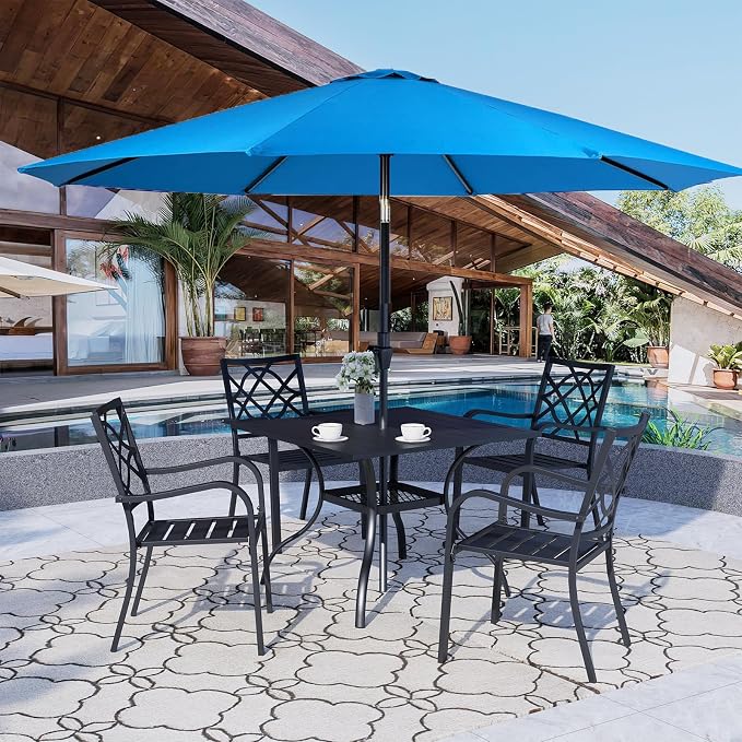 5 Pieces Patio Metal Furniture Outdoor Dining Set with 4 Stackable Bistro Chairs, 37'' x 37'' Metal Tabletop Square Table and 10Ft Sky Blue Umbrella