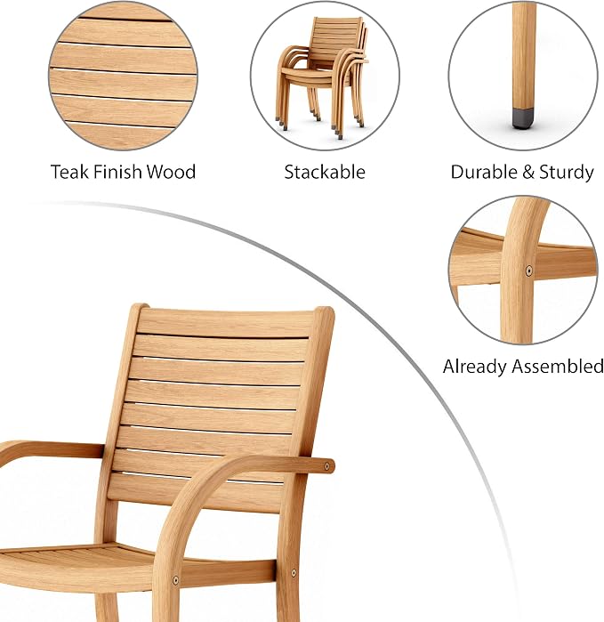 Urban Elements Mykonos 9-Piece Rectangular Patio Furniture Set | 100% Certified Teak Table and Teak Finish Stackable Chairs | Backyard Furniture, Rectangular Outdoor Dining Set