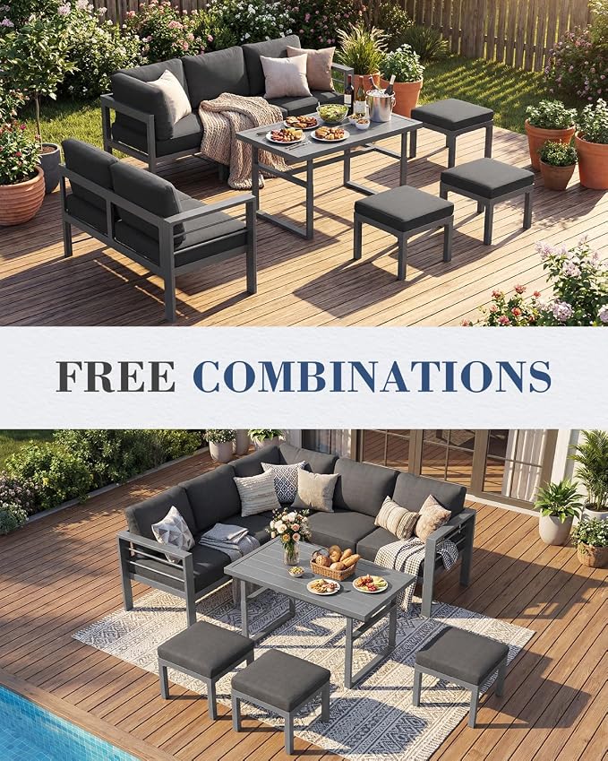 AECOJOY Aluminum Patio Furniture Set, 8 Seats Modern Outdoor Furniture with Adjustable Table, 7 Pieces Metal Conversation Sectional Sofa, Dark Gray