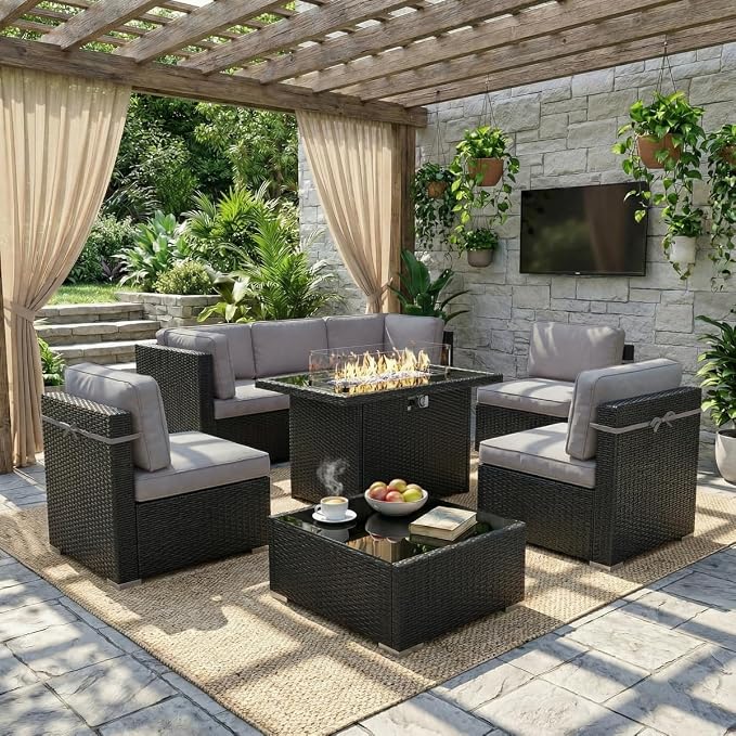 LayinSun 8 Piece Patio Furniture Set with 44" Propane Gas Fire Pit Table, Outdoor Sectional Conversation Set Wicker Rattan Sofa Set with Coffee Table