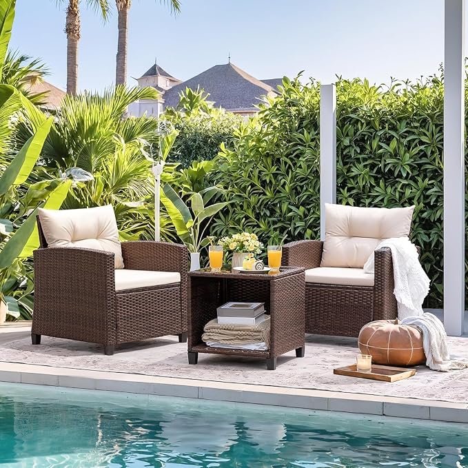 PE Rattan Wicker Patio Sets 3 Pieces Outdoor Patio Furniture Set with Two Chairs and Table for Porch Garden Poolside Balcony